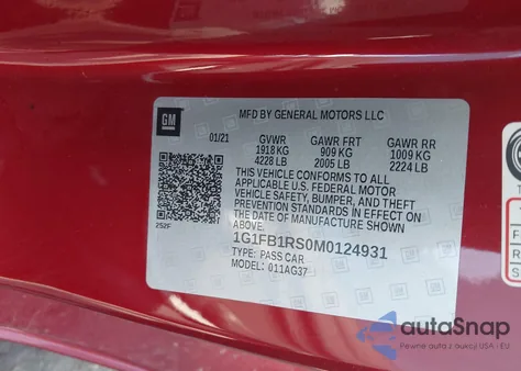 2021 Chevrolet Camaro Rwd 1Lt z USA, uszkodzony, nr VIN 1G1FB1RS0M0124931